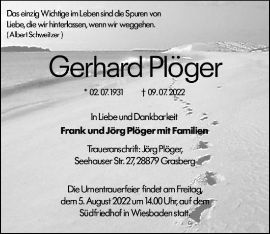 Traueranzeige von Gerhard Plöger von vrm-trauer Wiesbadener Kurier