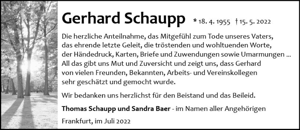  Traueranzeige für Gerhard Schaupp vom 09.07.2022 aus vrm-trauer Odenwälder Echo
