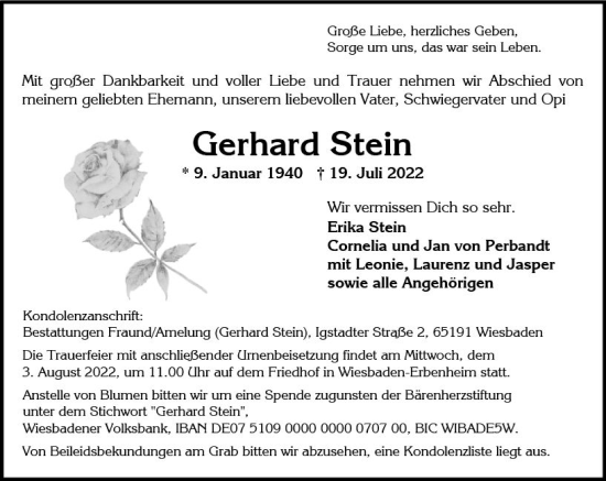 Traueranzeige von Gerhard Stein von vrm-trauer Wiesbadener Kurier