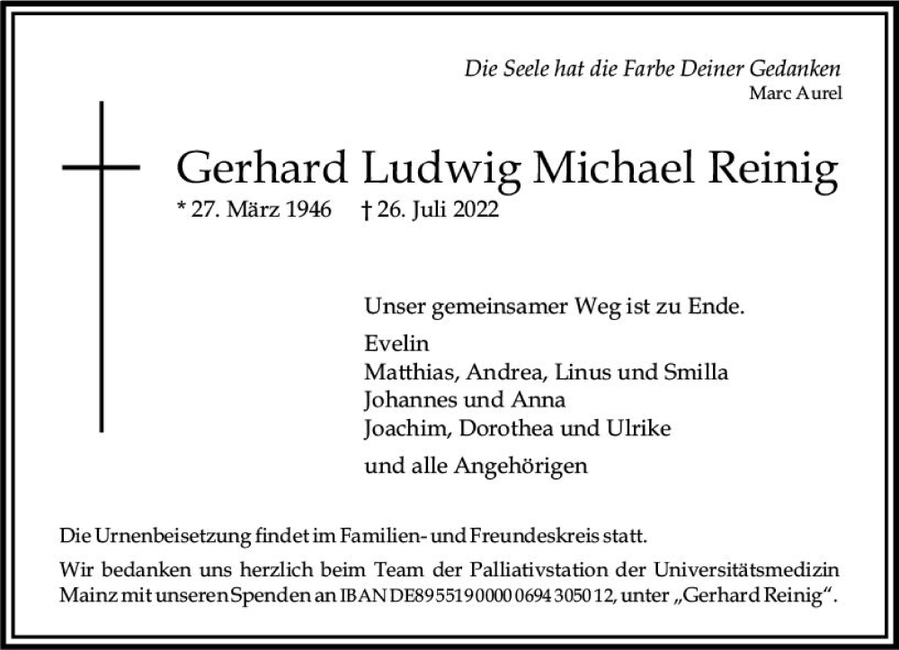  Traueranzeige für Gerhard Ludwig Michael Reinig vom 30.07.2022 aus vrm-trauer Allgemeine  Zeitung Ingelheim-Bingen
