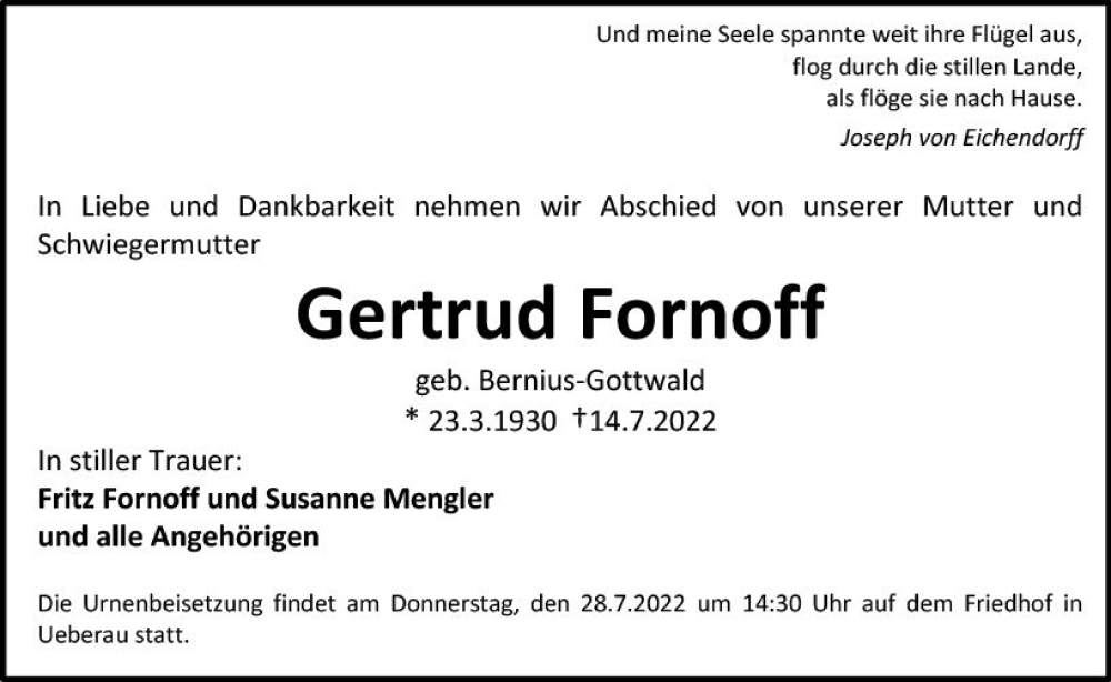  Traueranzeige für Gertrud Fornoff vom 23.07.2022 aus vrm-trauer Darmstädter Echo