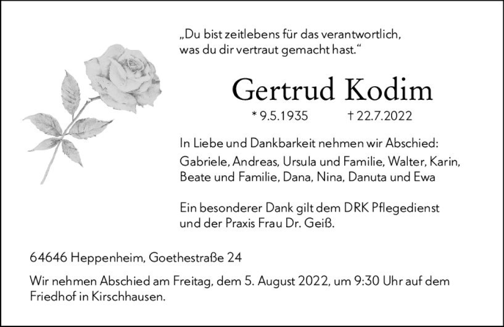  Traueranzeige für Gertrud Kodim vom 30.07.2022 aus vrm-trauer Bürstädter/Lamperth. Ztg/Starkenburger