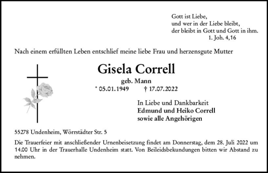 Traueranzeige von Gisela Correll von vrm-trauer Allgemeine Zeitung Alzey