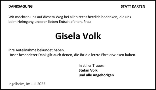 Traueranzeige von Gisela Volk von vrm-trauer Allgemeine  Zeitung Ingelheim-Bingen
