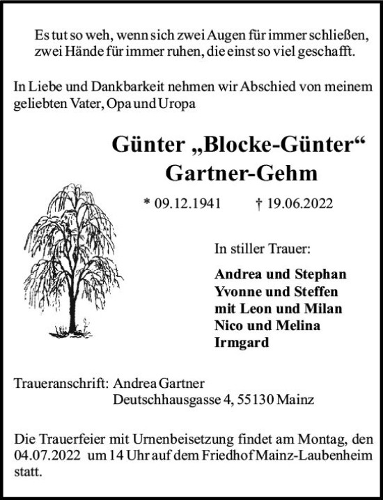 Traueranzeige von Günter Gartner-Gehm von vrm-trauer AZ Mainz