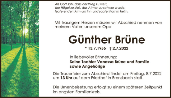 Traueranzeige von Günther Brüne von vrm-trauer Odenwälder Echo