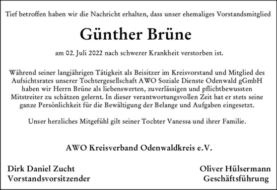 Traueranzeige von Günther Brüne von vrm-trauer Odenwälder Echo