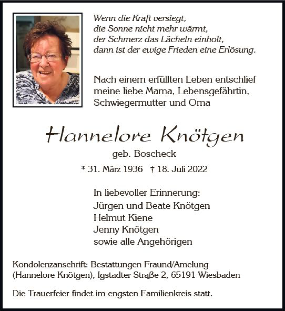  Traueranzeige für Hannelore Knötgen vom 23.07.2022 aus vrm-trauer Wiesbadener Kurier