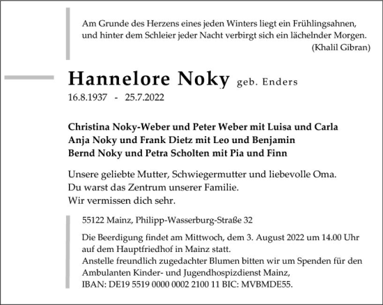 Traueranzeige von Hannelore Noky von vrm-trauer AZ Mainz