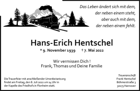 Traueranzeige von Hans-Erich Hentschel von vrm-trauer Allgemeine Zeitung Alzey