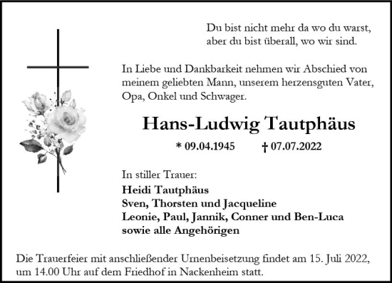Traueranzeige von Hans-Ludwig Tautphäus von vrm-trauer AZ Mainz