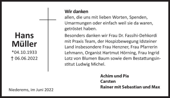 Traueranzeige von Hans Müller von vrm-trauer Idsteiner Zeitung