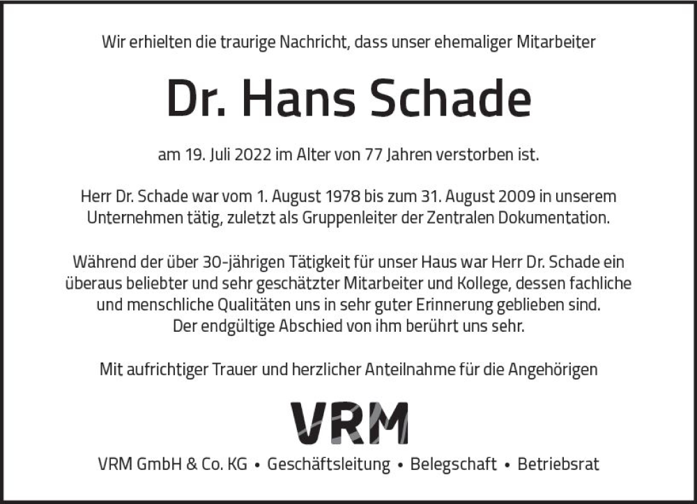  Traueranzeige für Hans Schade vom 27.07.2022 aus vrm-trauer Wiesbadener Kurier