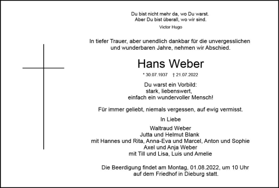 Traueranzeige von Hans Weber von vrm-trauer DieburgerAnzeiger/Groß-Zimmerner Lokala