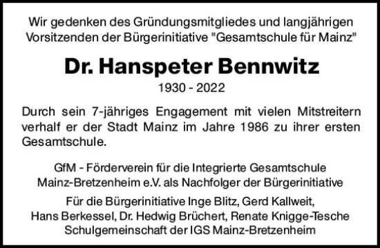 Traueranzeige von Hanspeter Bennwitz von vrm-trauer AZ Mainz