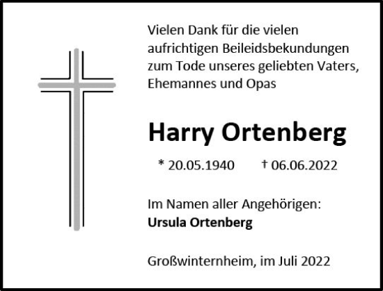 Traueranzeige von Harry Ortenberg von vrm-trauer Allgemeine  Zeitung Ingelheim-Bingen