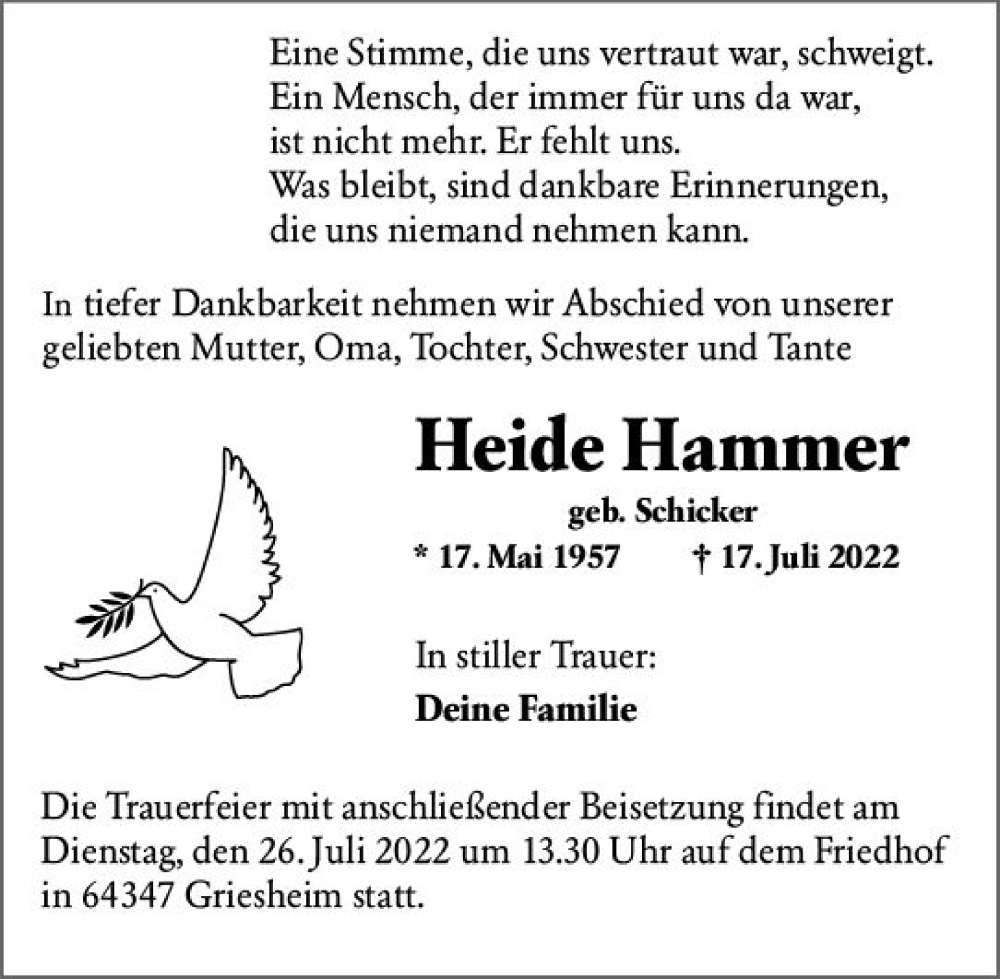  Traueranzeige für Heide Hammer vom 23.07.2022 aus vrm-trauer Darmstädter Echo