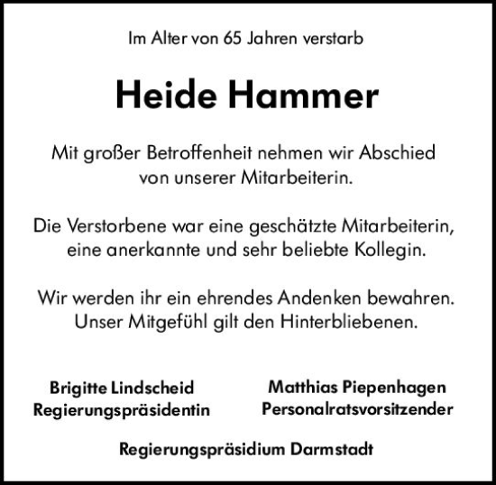 Traueranzeige von Heide Hammer von vrm-trauer Darmstädter Echo