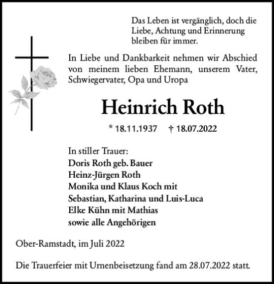 Traueranzeige von Heinrich Roth von vrm-trauer Darmstädter Echo