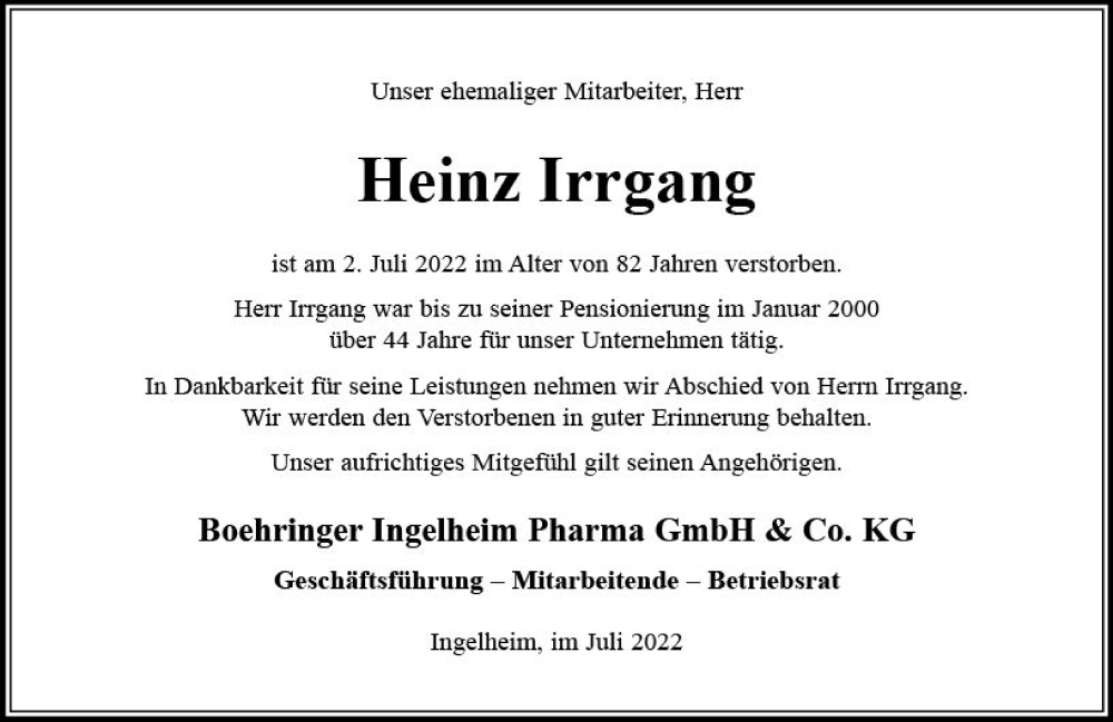  Traueranzeige für Heinz Irrgang vom 20.07.2022 aus vrm-trauer Allgemeine  Zeitung Ingelheim-Bingen