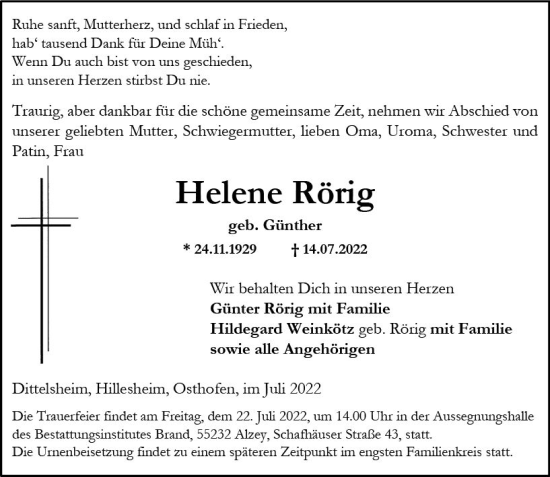 Traueranzeige von Helene Rörig von vrm-trauer Wormser Zeitung