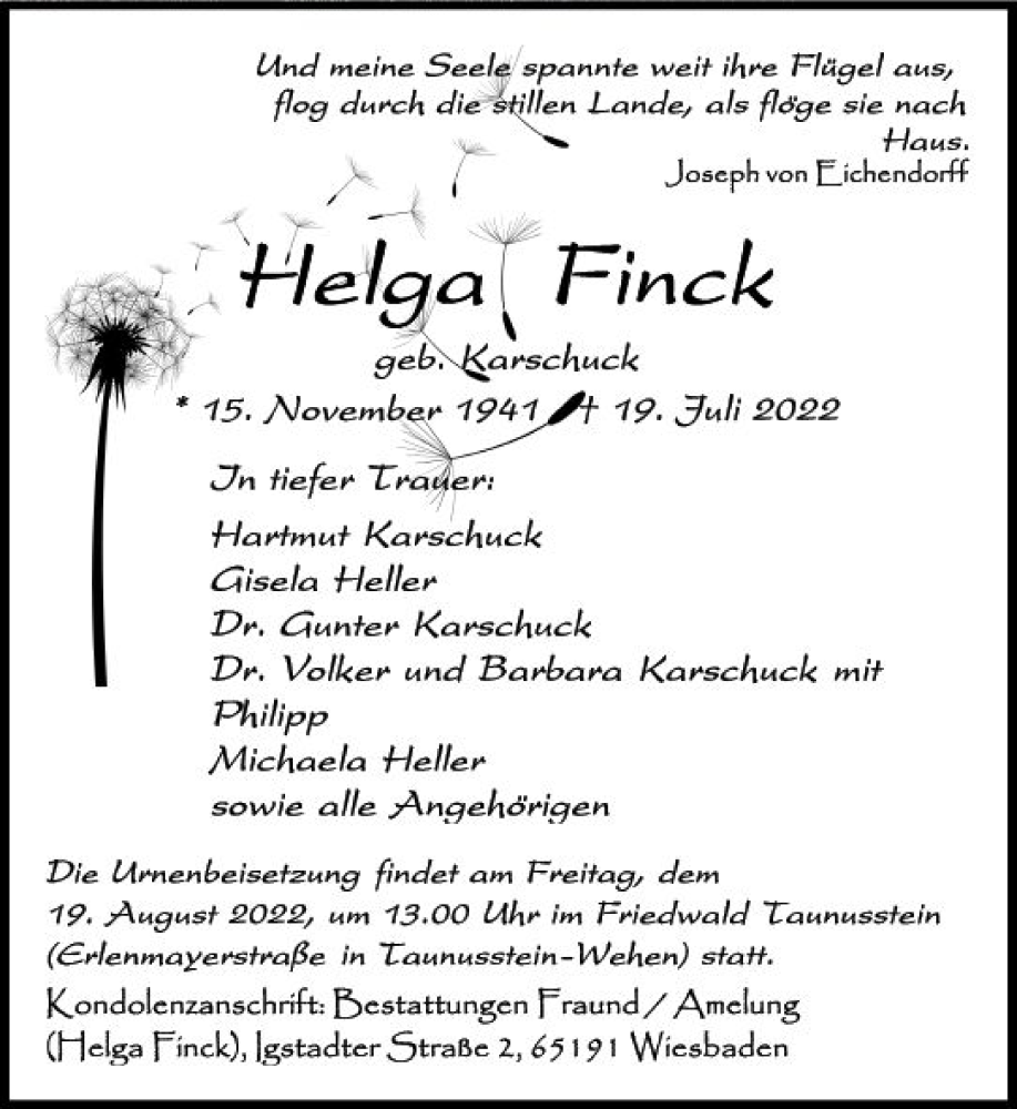  Traueranzeige für Helga Finck vom 30.07.2022 aus vrm-trauer Wiesbadener Kurier