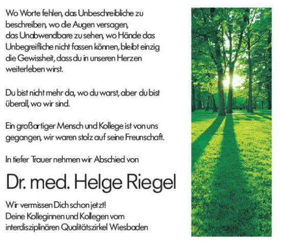 Traueranzeige von Helge Riegel von vrm-trauer Wiesbadener Kurier
