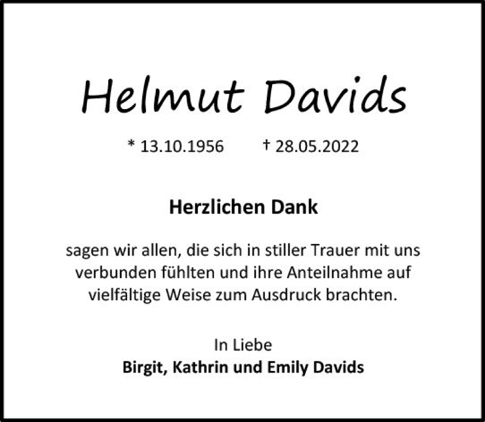  Traueranzeige für Helmut Davids vom 16.07.2022 aus vrm-trauer Allgemeine  Zeitung Ingelheim-Bingen