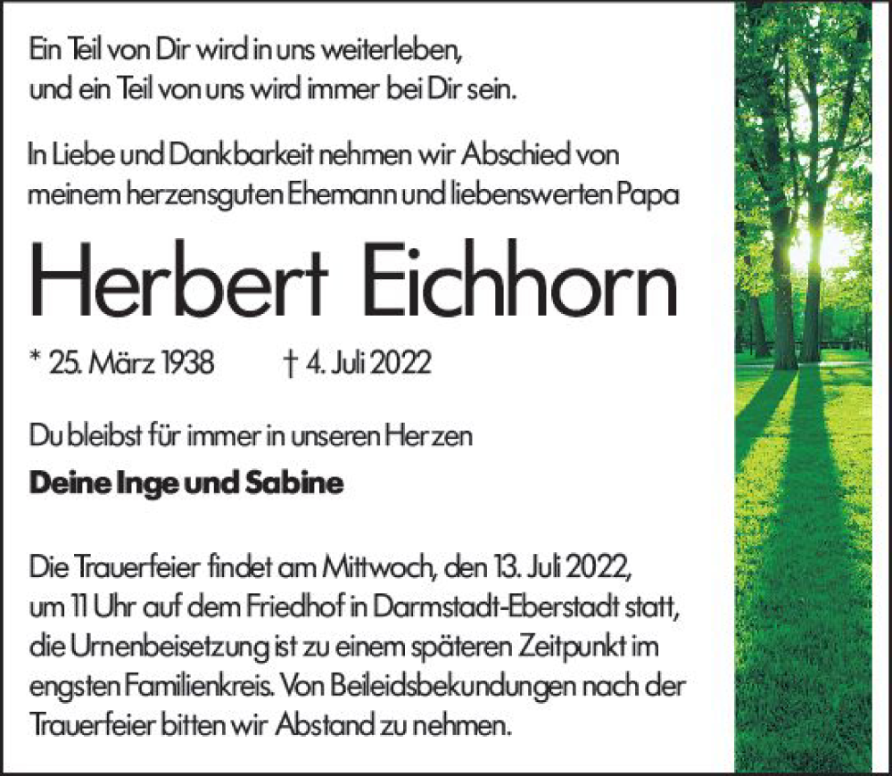  Traueranzeige für Herbert Eichhorn vom 09.07.2022 aus vrm-trauer Darmstädter Echo