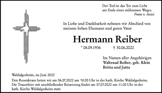 Traueranzeige von Hermann Reiber von vrm-trauer Allgemeine  Zeitung Ingelheim-Bingen
