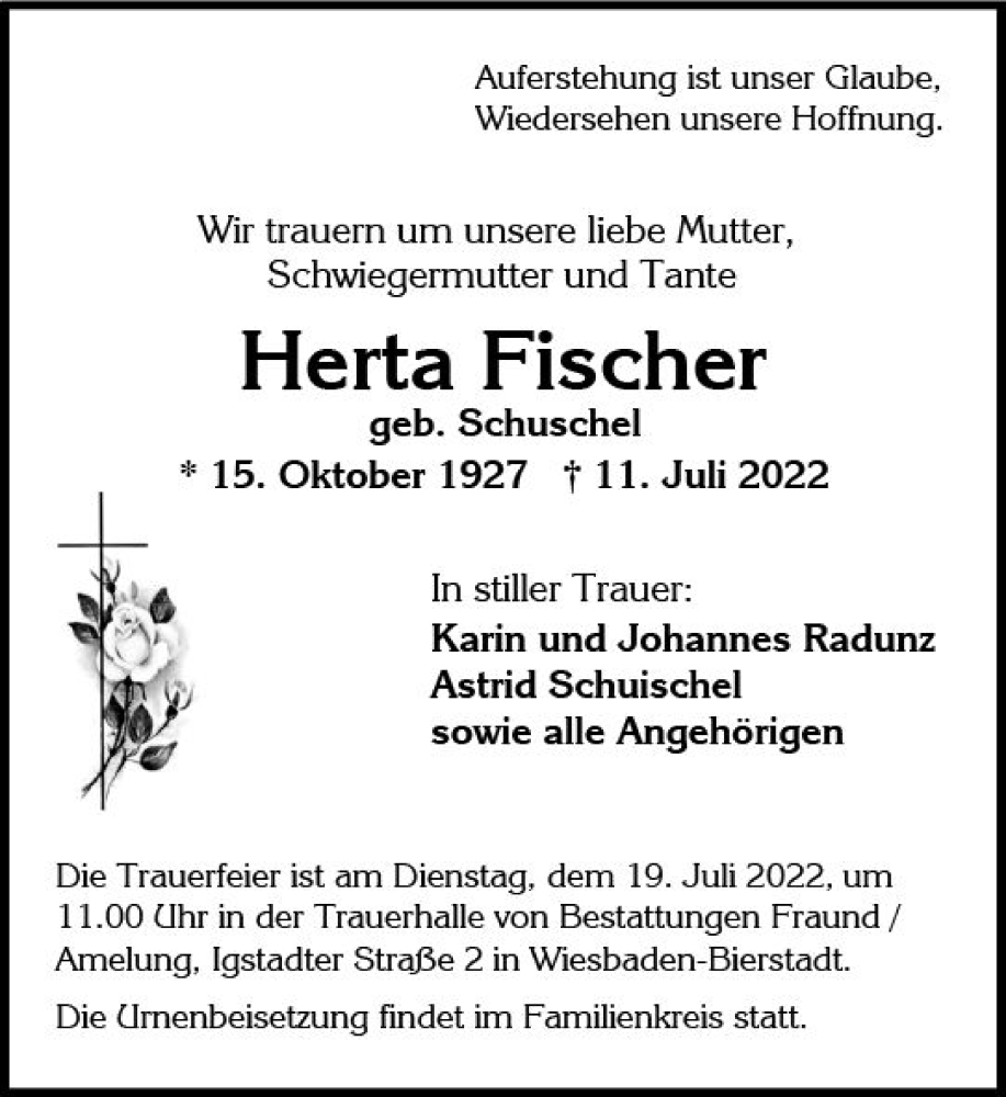  Traueranzeige für Herta Fischer vom 16.07.2022 aus vrm-trauer Wiesbadener Kurier