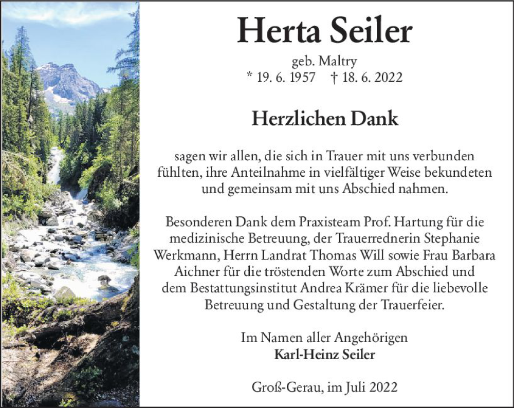  Traueranzeige für Herta Seiler vom 23.07.2022 aus vrm-trauer Groß-Gerauer Echo