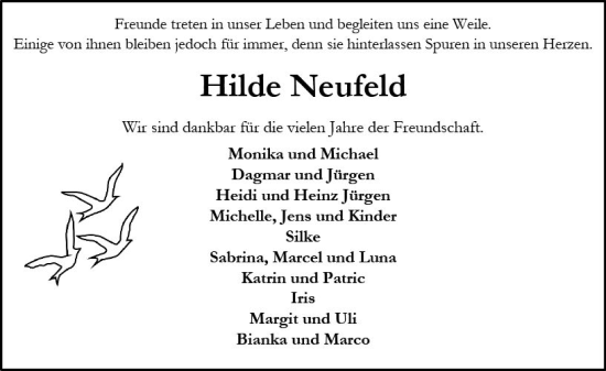 Traueranzeige von Hilde Neufeld von vrm-trauer Allgemeine Zeitung Alzey