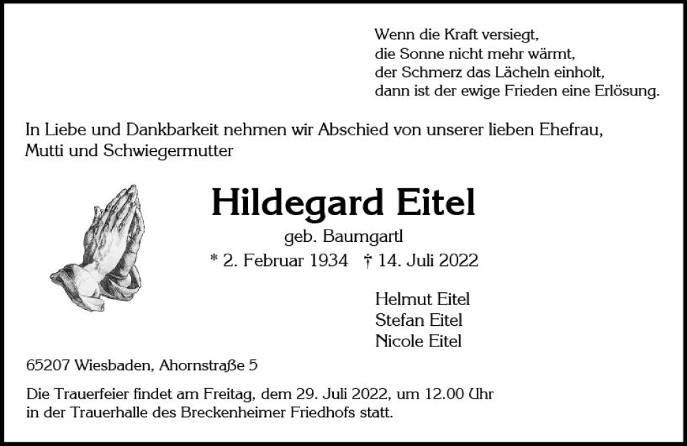  Traueranzeige für Hildegard Eitel vom 23.07.2022 aus vrm-trauer Wiesbadener Kurier