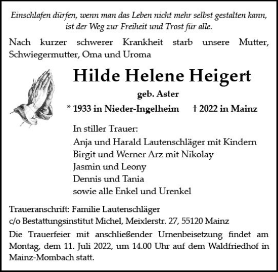 Traueranzeige von Hilde Helene Heigert von vrm-trauer AZ Mainz