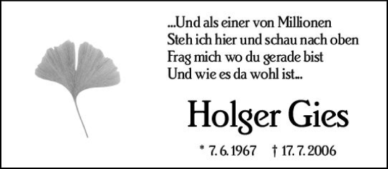 Traueranzeige von Holger Gies von vrm-trauer Wiesbadener Kurier