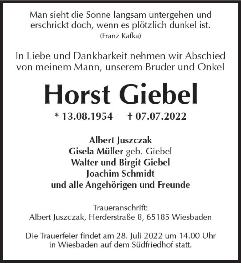  Traueranzeige für Horst Giebel vom 16.07.2022 aus vrm-trauer Wiesbadener Kurier