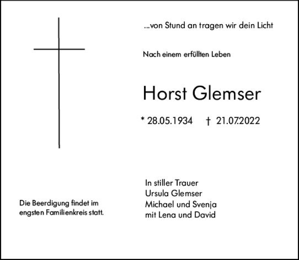  Traueranzeige für Horst Glemser vom 30.07.2022 aus vrm-trauer Darmstädter Echo