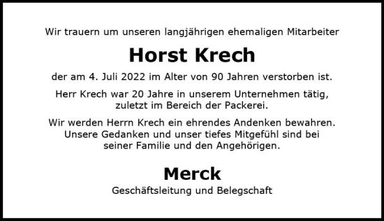 Traueranzeige von Horst Krech von vrm-trauer Darmstädter Echo