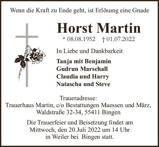 Traueranzeige von Horst Martin von vrm-trauer Allgemeine  Zeitung Ingelheim-Bingen