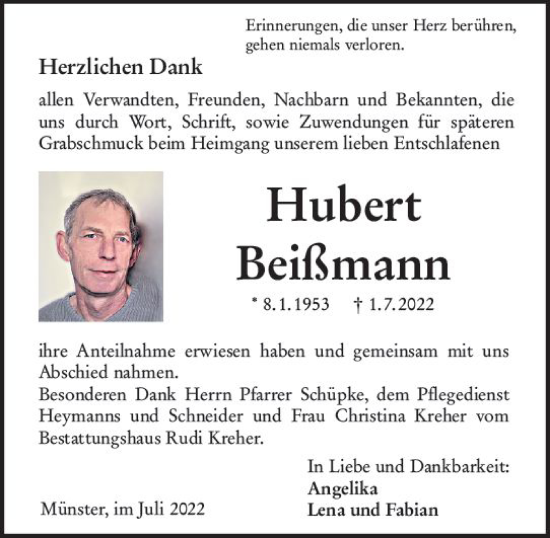Traueranzeige von Hubert Beißmann von vrm-trauer DieburgerAnzeiger/Groß-Zimmerner Lokala