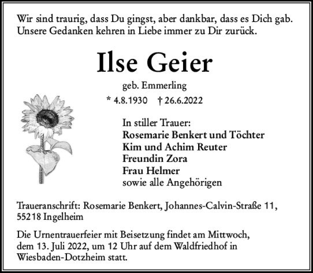  Traueranzeige für Ilse Geier vom 09.07.2022 aus vrm-trauer Wiesbadener Kurier