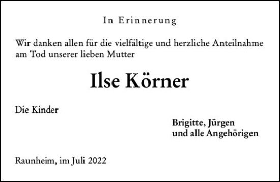 Traueranzeige von Ilse Körner von vrm-trauer Rüsselsheimer Echo / MainSpitze