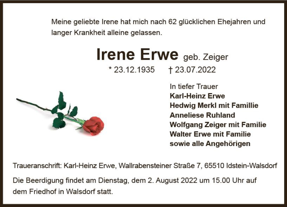  Traueranzeige für Irene Erwe vom 30.07.2022 aus vrm-trauer Idsteiner Zeitung