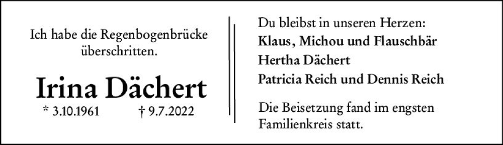  Traueranzeige für Irina Dächert vom 30.07.2022 aus vrm-trauer Darmstädter Echo