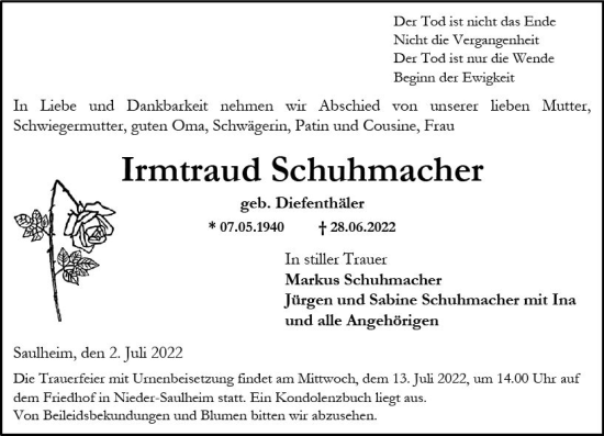 Traueranzeige von Irmtraud Schuhmacher von vrm-trauer Allgemeine Zeitung Alzey