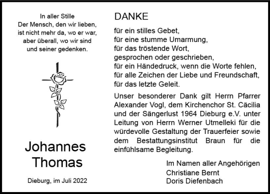 Traueranzeige von Johannes Thomas von vrm-trauer DieburgerAnzeiger/Groß-Zimmerner Lokala