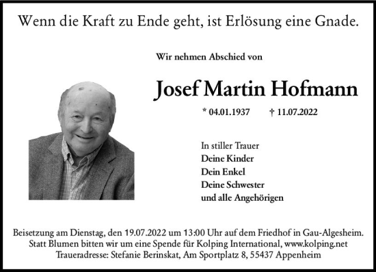 Traueranzeige von Josef Martin Hofmann von vrm-trauer Allgemeine  Zeitung Ingelheim-Bingen