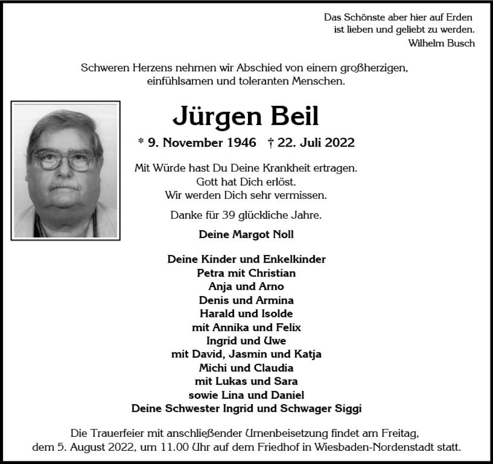  Traueranzeige für Jürgen Beil vom 30.07.2022 aus vrm-trauer Wiesbadener Kurier
