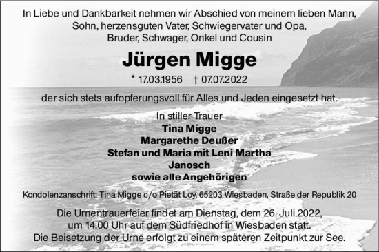 Traueranzeige von Jürgen Migge von vrm-trauer Wiesbadener Kurier